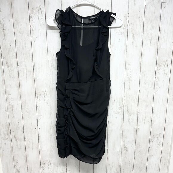 Express Dress Women Size Small Black Ruffled Mini Sleeveless Sheer Evening - Picture 1 of 4